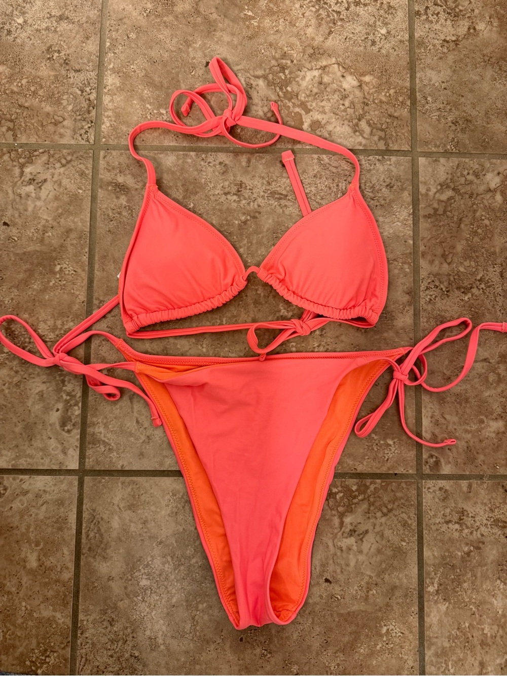 Aerie Women's Neon Coral Tie Bikini Set